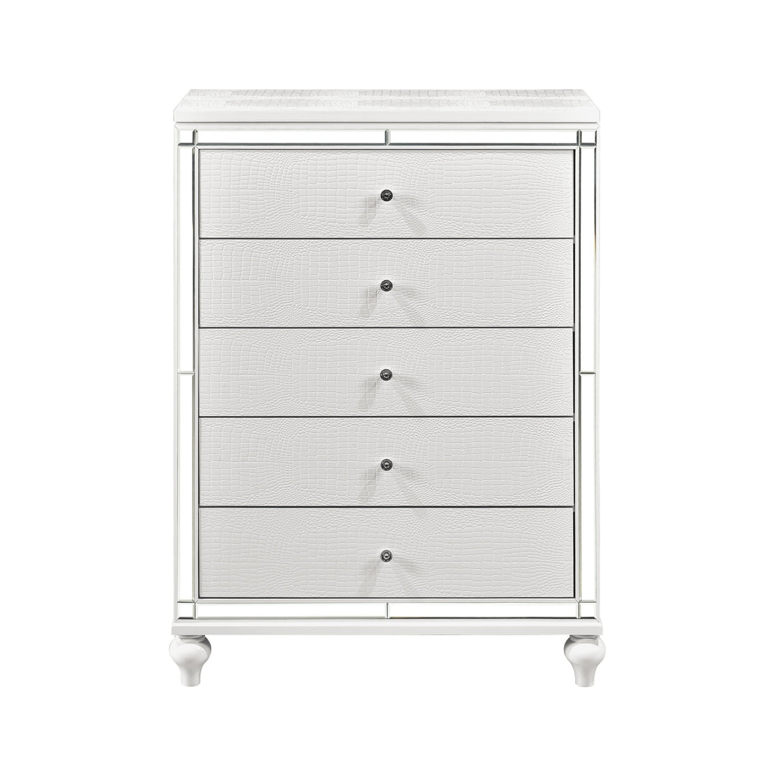 Modern Glamorous Bedroom Chest Of 5X Drawers 1Pc Metallic White Finish Alligator Textured Fronts Mirror Trim Wooden Furniture White Bedroom Glam,Modern Wood