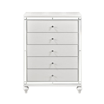 Modern Glamorous Bedroom Chest Of 5X Drawers 1Pc Metallic White Finish Alligator Textured Fronts Mirror Trim Wooden Furniture White Bedroom Glam,Modern Wood