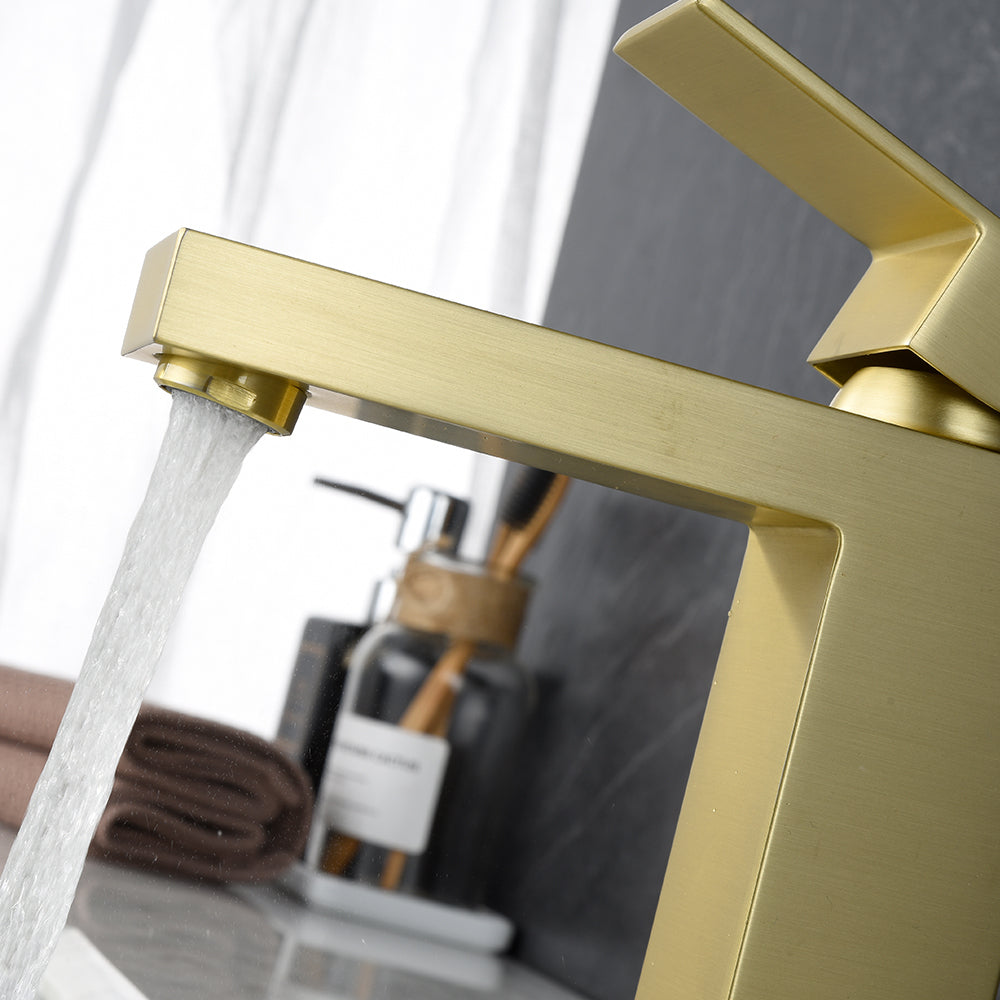 Gold Bathroom Faucet, Brushed Gold Faucet For Bathroom Sink, Gold Single Hole Bathroom Faucet Modern Single Handle Vanity Basin Faucet Bathroom Joystick Geometric One Brushed Gold Side Sprayer Deck Mounted Cartridge Valve Single Hole Faucets Gold