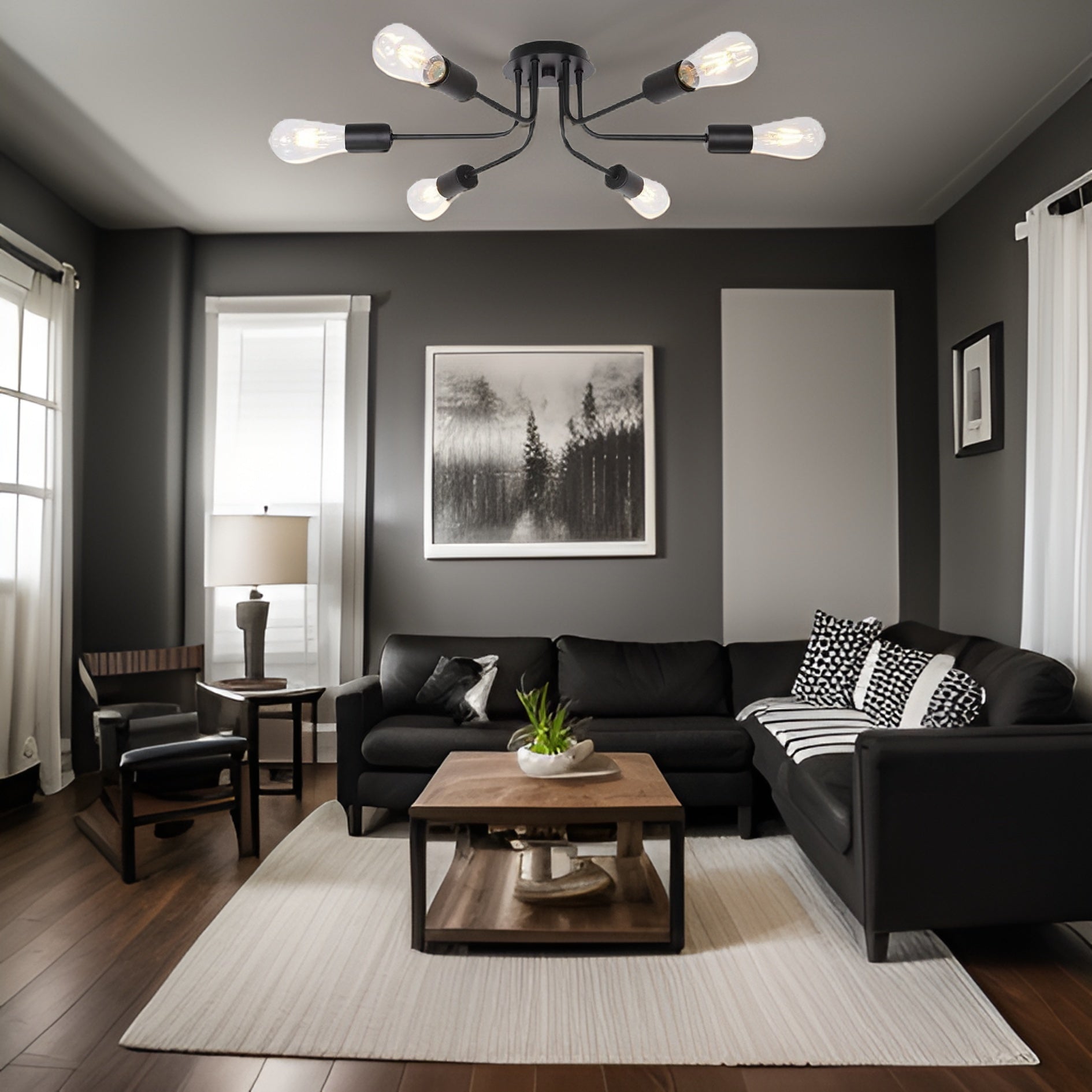 Modern Sputnik Chandelier 6 Light Semi Flush Mount Ceiling Lighting Cotemporary Industrial Brushed Nickel Ceiling Fixture Black Metal