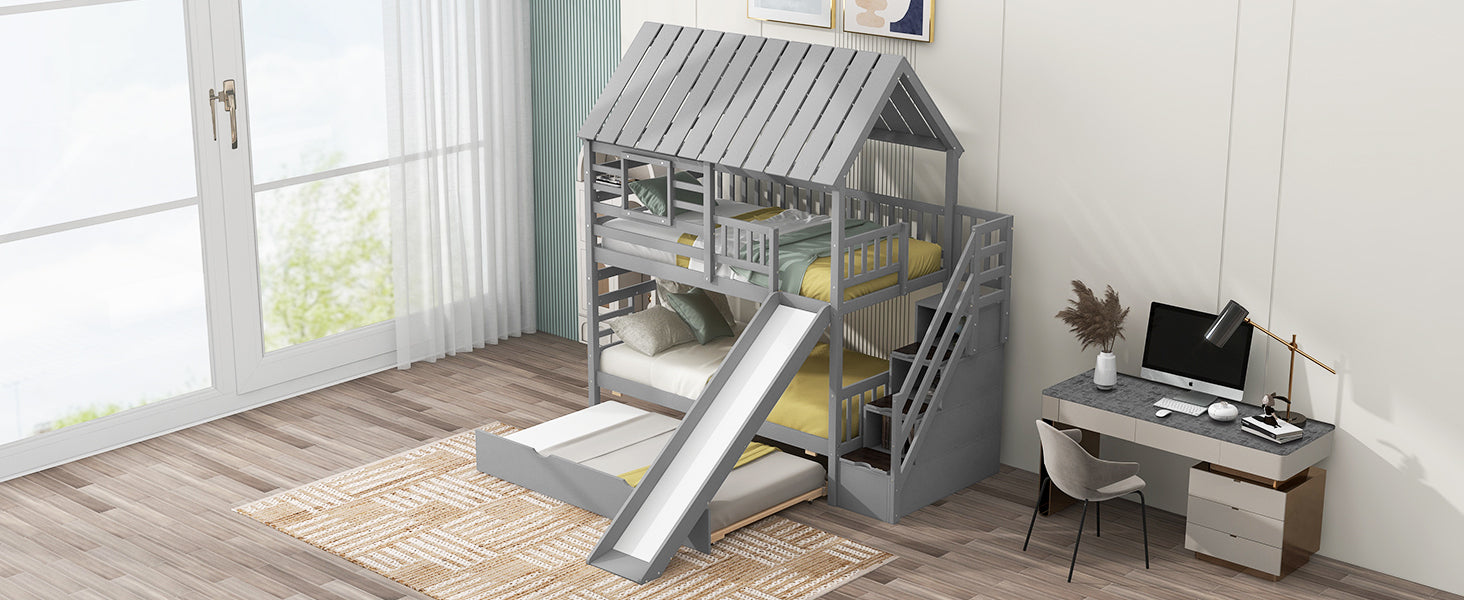 Twin Over Twin House Bunk Bed With Trundle And Slide, Storage Staircase, Roof And Window Design, Gray Old Sku: Gx000931Aae Box Spring Not Required Twin Gray Wood Bedroom Bunk Pine