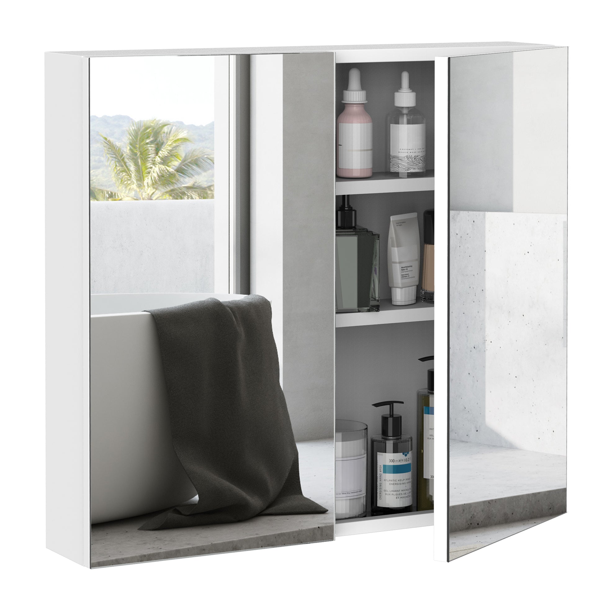 Kleankin Bathroom Mirrored Cabinet, 24"X22" Steel Frame Medicine Cabinet, Wall Mounted Storage Organizer With Double Doors, White White Steel