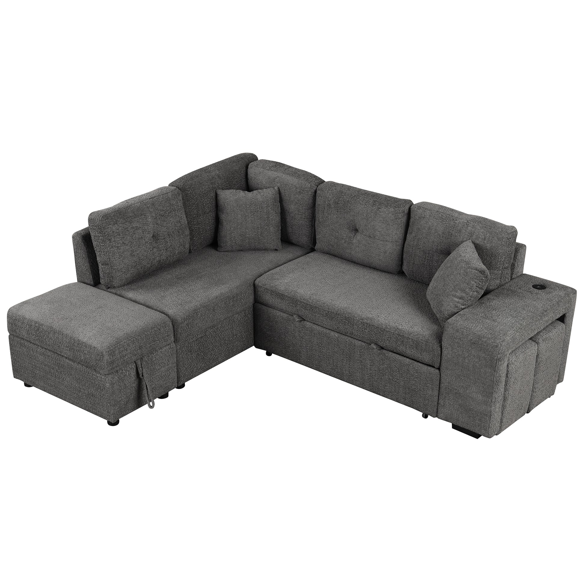 87.7" Convertible Sleeper, Sectional Pull Out Sofa Bed With Storage Ottoman, 2 Throw Pillows, 2 Stools, Wireless Charger And Two Hidden Usb Ports For Living Room, Dark Gray Dark Gray Chenille 4 Seat