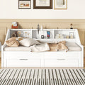 Twin To King Size Daybed Frame With Storage Bookcases And Two Drawers,Charging Design,White White Solid Wood Mdf