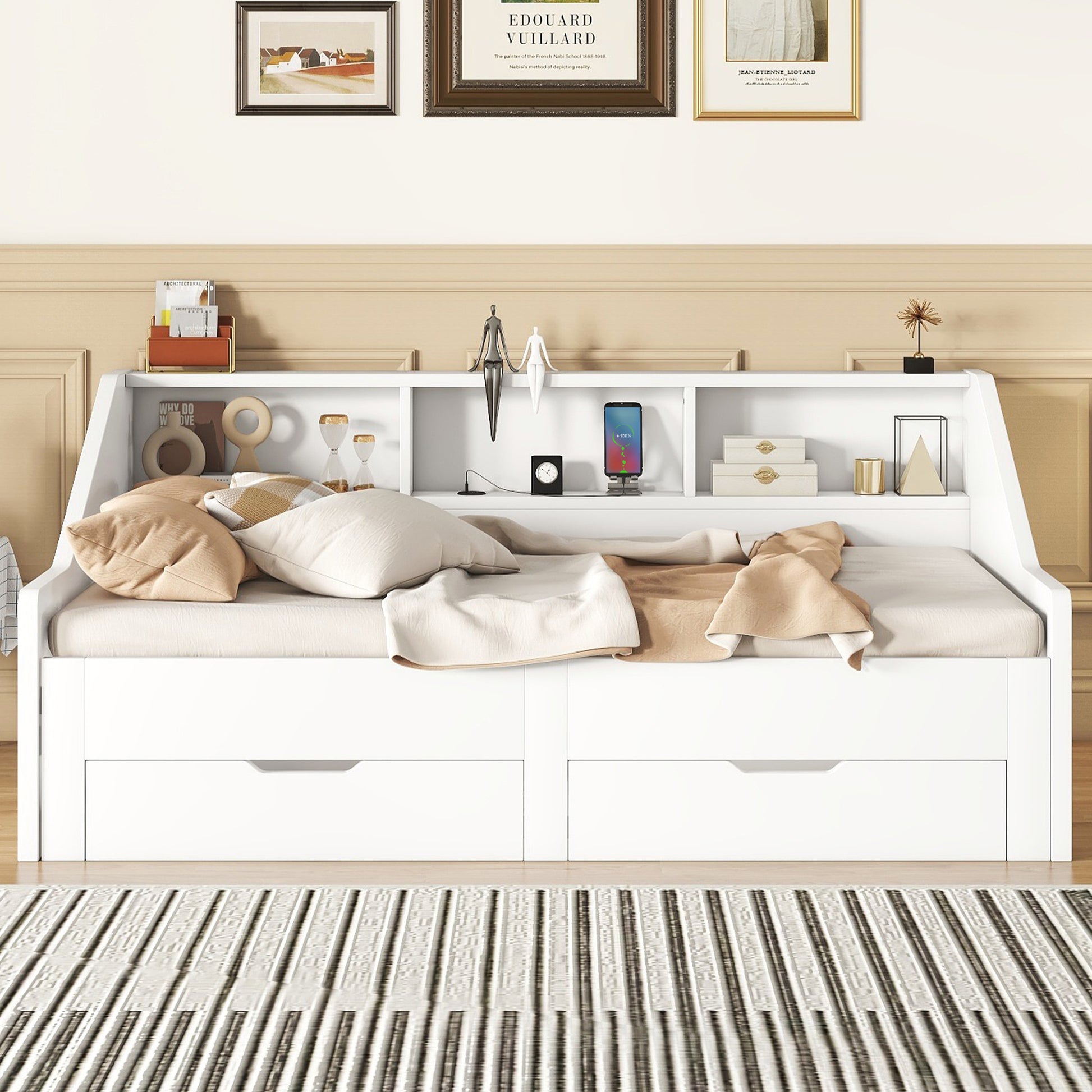 Twin To King Size Daybed Frame With Storage Bookcases And Two Drawers,Charging Design,White White Solid Wood Mdf