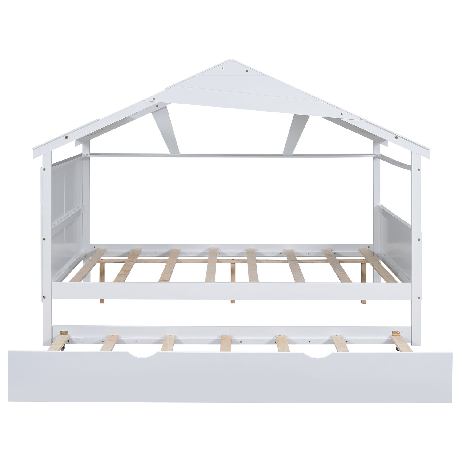 Wood Full Size House Bed With Twin Size Trundle And Storage, White Box Spring Not Required Full White Wood Bedroom Solid Wood Mdf