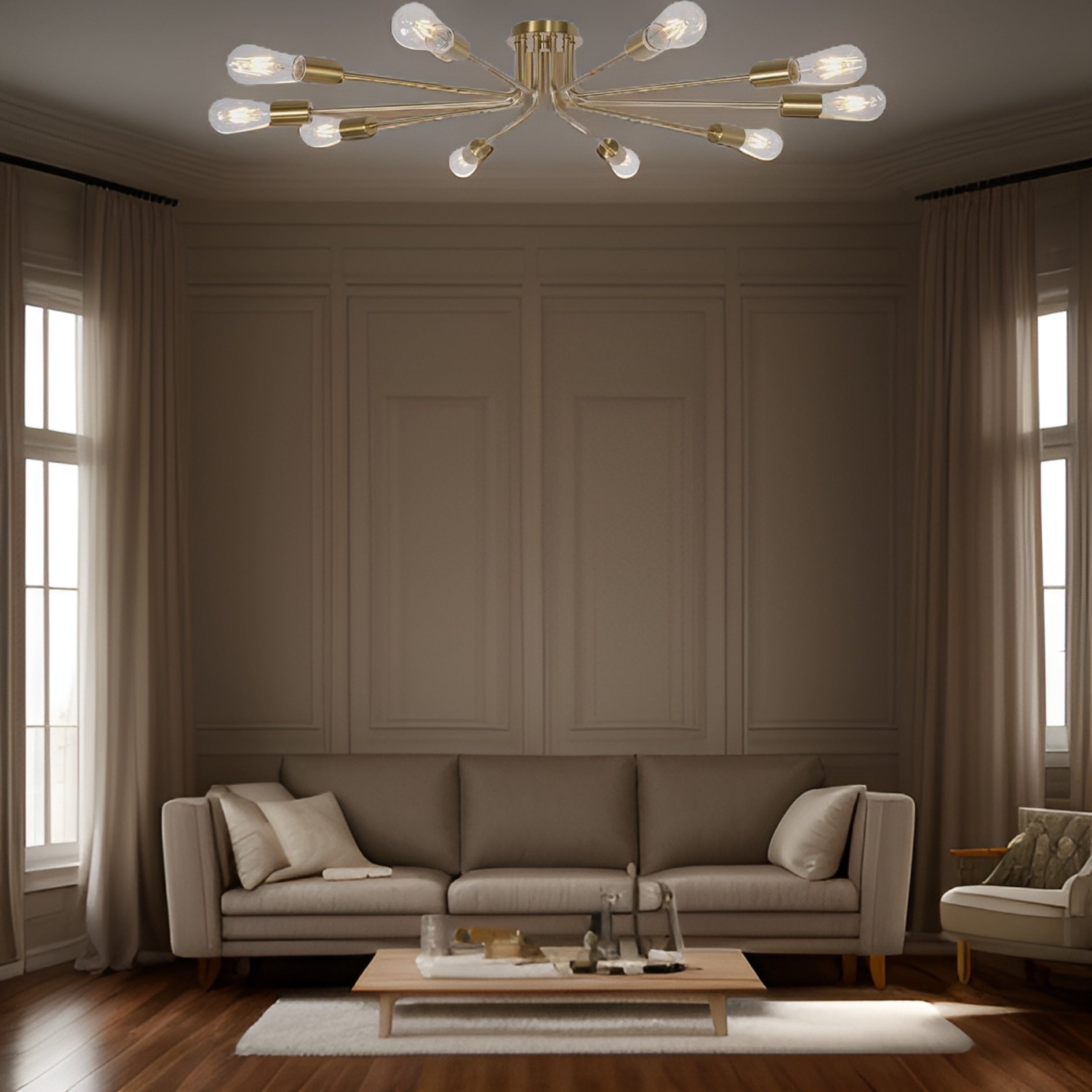 10 Light Sputnik Chandelier Brushed Gold Ceiling Light Semi Flush Mount Light Ceiling Lamp Brushed Gold Metal
