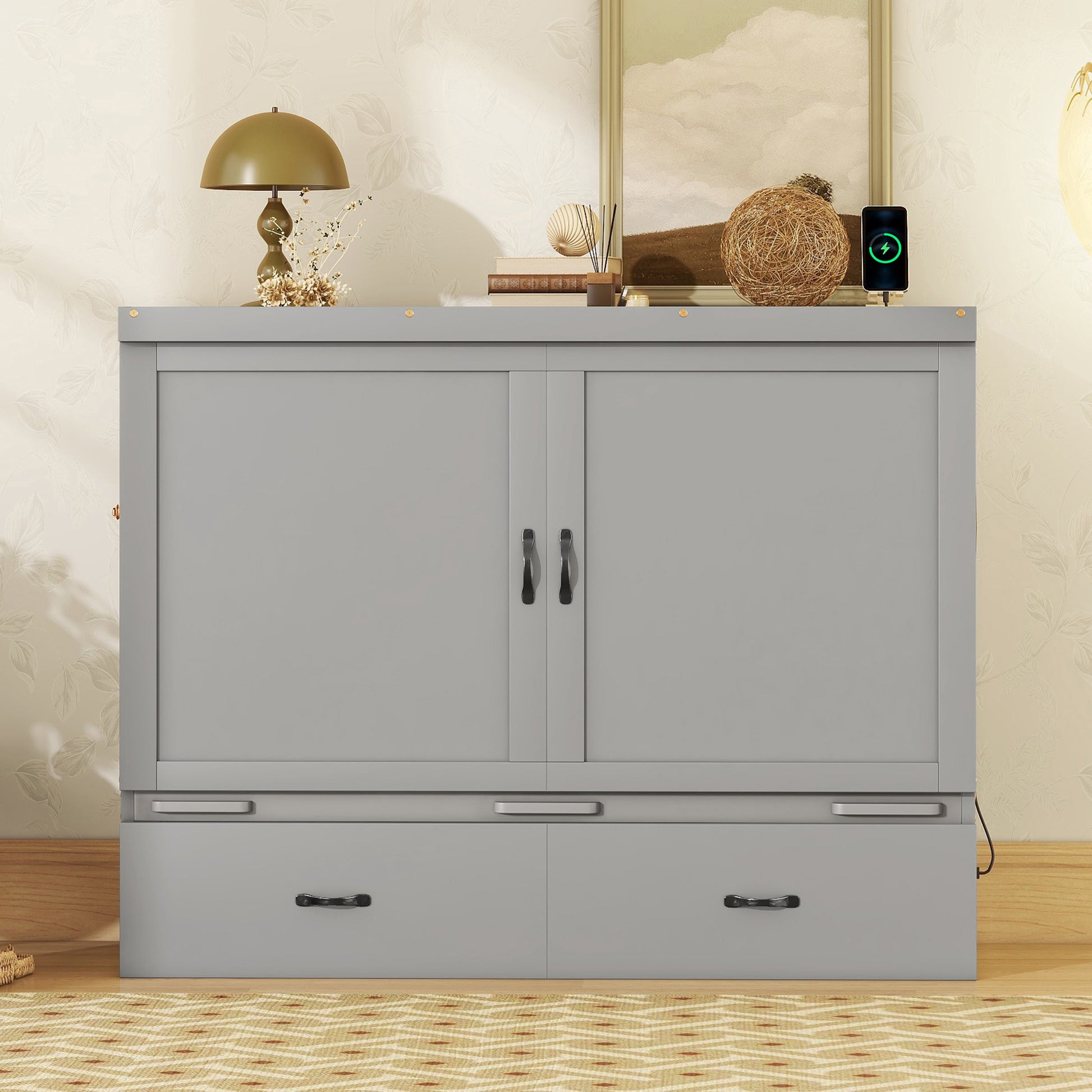 Queen Size Murphy Bed With Usb Port And A Large Drawer, Gray Gray Solid Wood Mdf