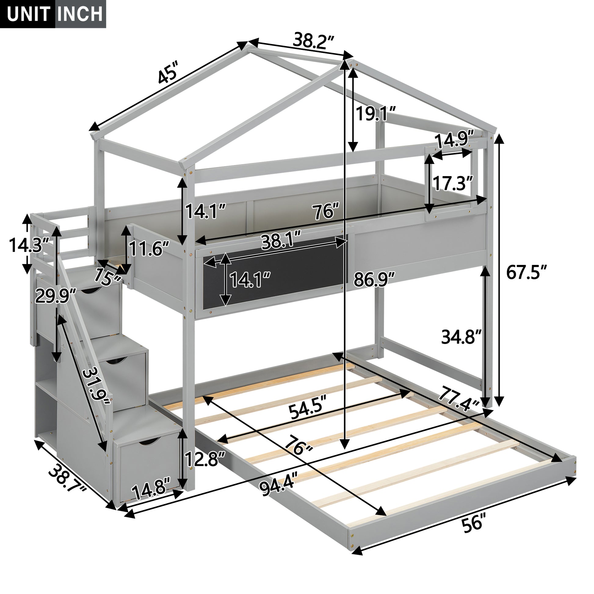 Twin Over Full House Bunk Bed With Storage Staircase And Blackboard,Gray Old Sku: Gx001701Aae Box Spring Not Required Gray Wood Bedroom Bunk Pine
