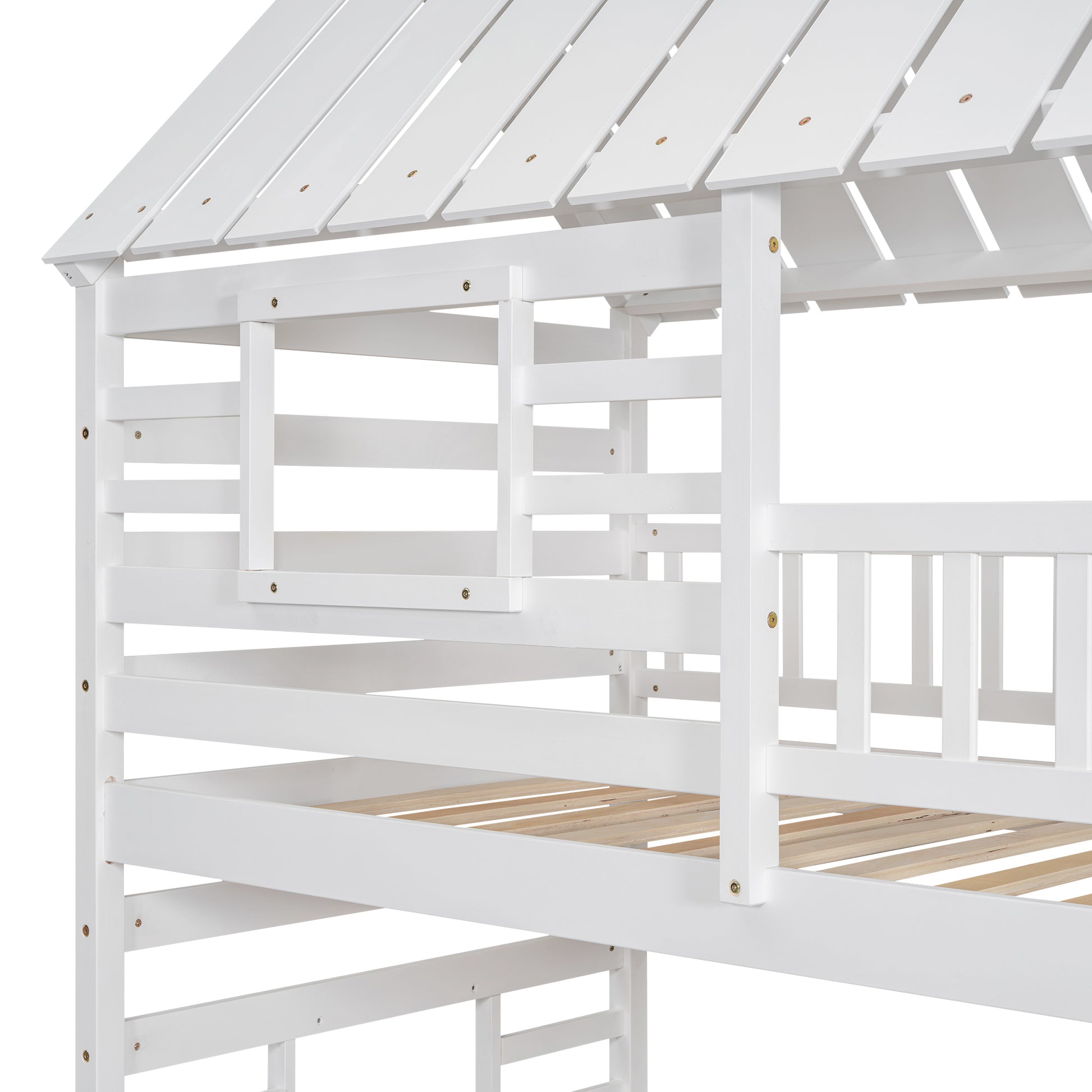 Twin Over Twin House Bunk Bed With Trundle And Slide, Storage Staircase, Roof And Window Design, White Old Sku: Gx000931Aak Box Spring Not Required Twin White Wood Bedroom Bunk Pine