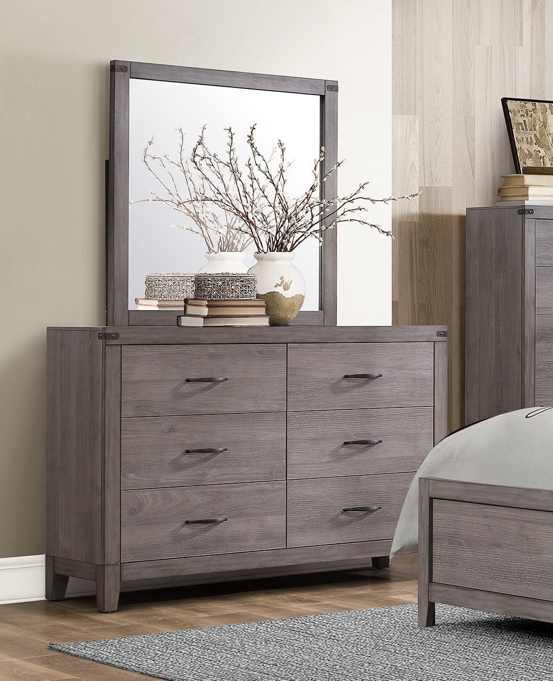 Industrial Design Brownish Gray Finish Dresser Of 6 Drawers Premium Melamine Modern Bedroom Furniture 1Pc Brown Mix Bedroom Contemporary,Modern Wood