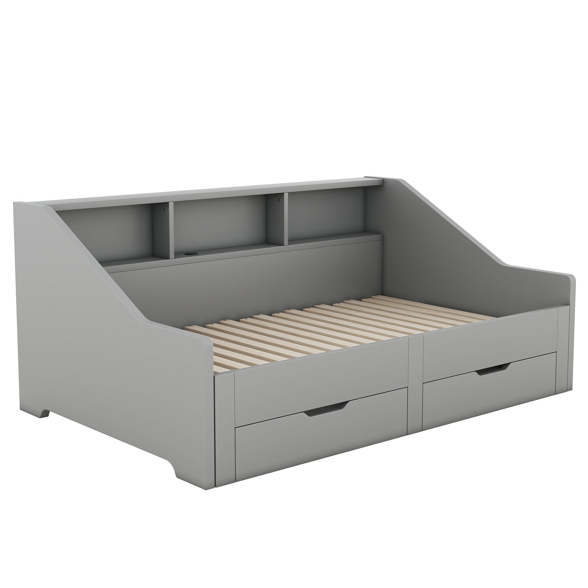 Twin To King Size Daybed Frame With Storage Bookcases And Two Drawers,Charging Design,Gray Gray Solid Wood Mdf