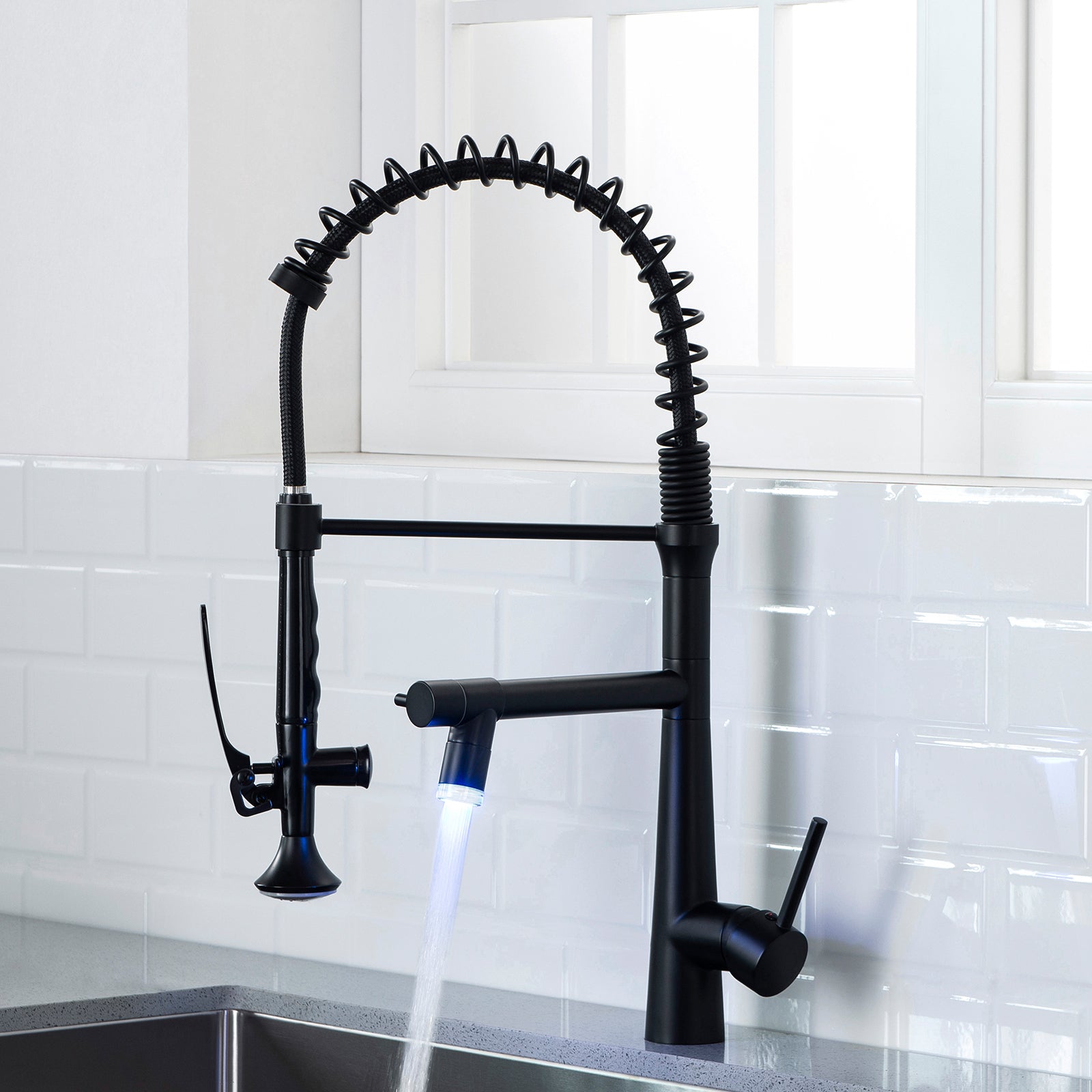 Heavy Duty Commercial Style Kitchen Sink Faucet, Single Handle Pre Rinse Spring Sprayer Kitchen Faucets, High Arc Pull Down Matte Black Kitchen Faucet Black Kitchen Contemporary Ceramic Brass