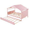 Wood Full Size House Bed With Twin Size Trundle And Storage, Pink Box Spring Not Required Full Pink Wood Bedroom Solid Wood Mdf