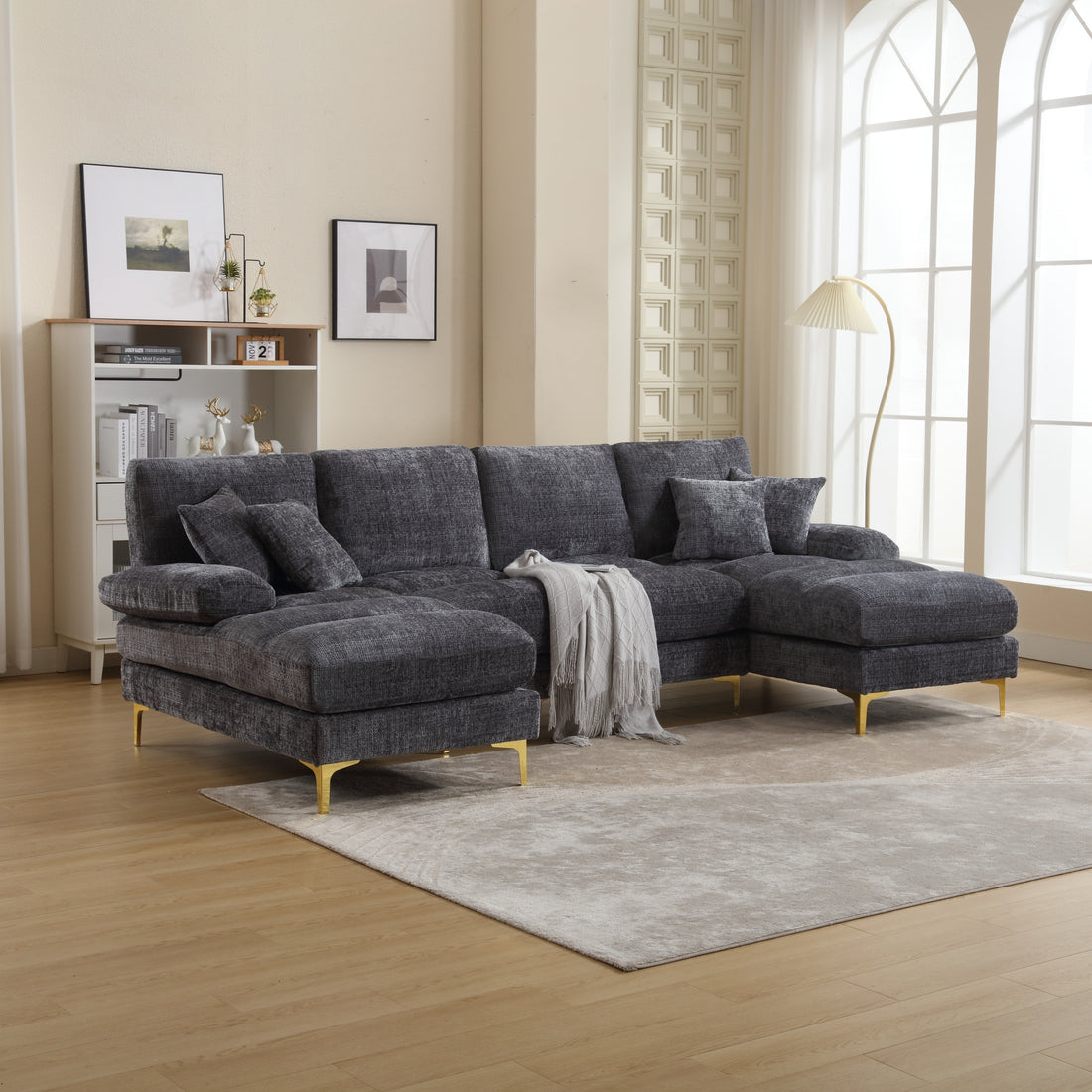 United Modern Large Chenille Fabric U Shape Sectional Sofa Gray Chenille