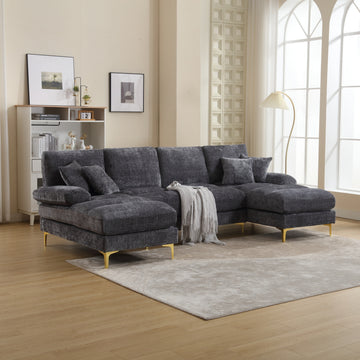 United Modern Large Chenille Fabric U Shape Sectional Sofa Gray Chenille