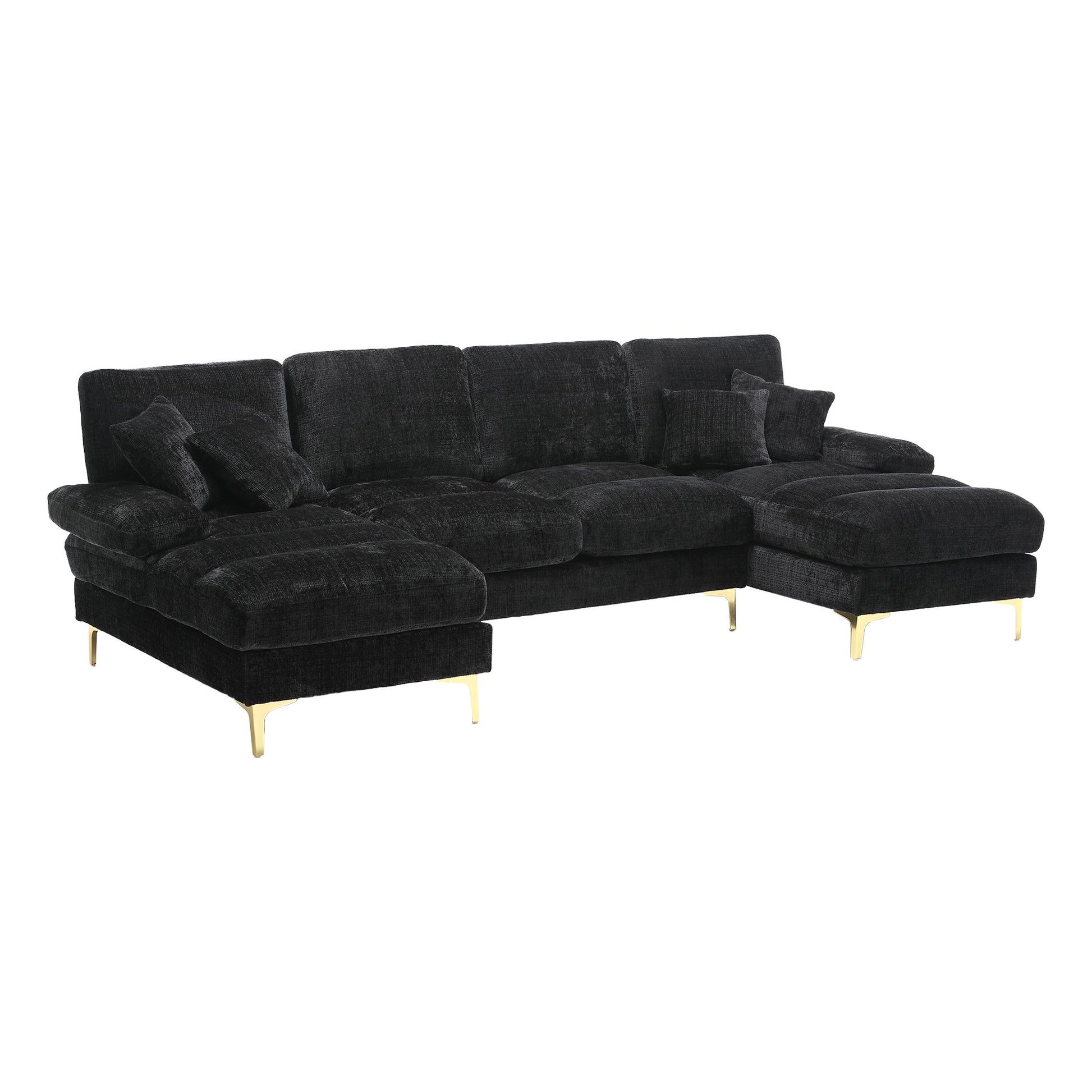 United Modern Large Chenille Fabric U Shape Sectional Sofa Black Chenille