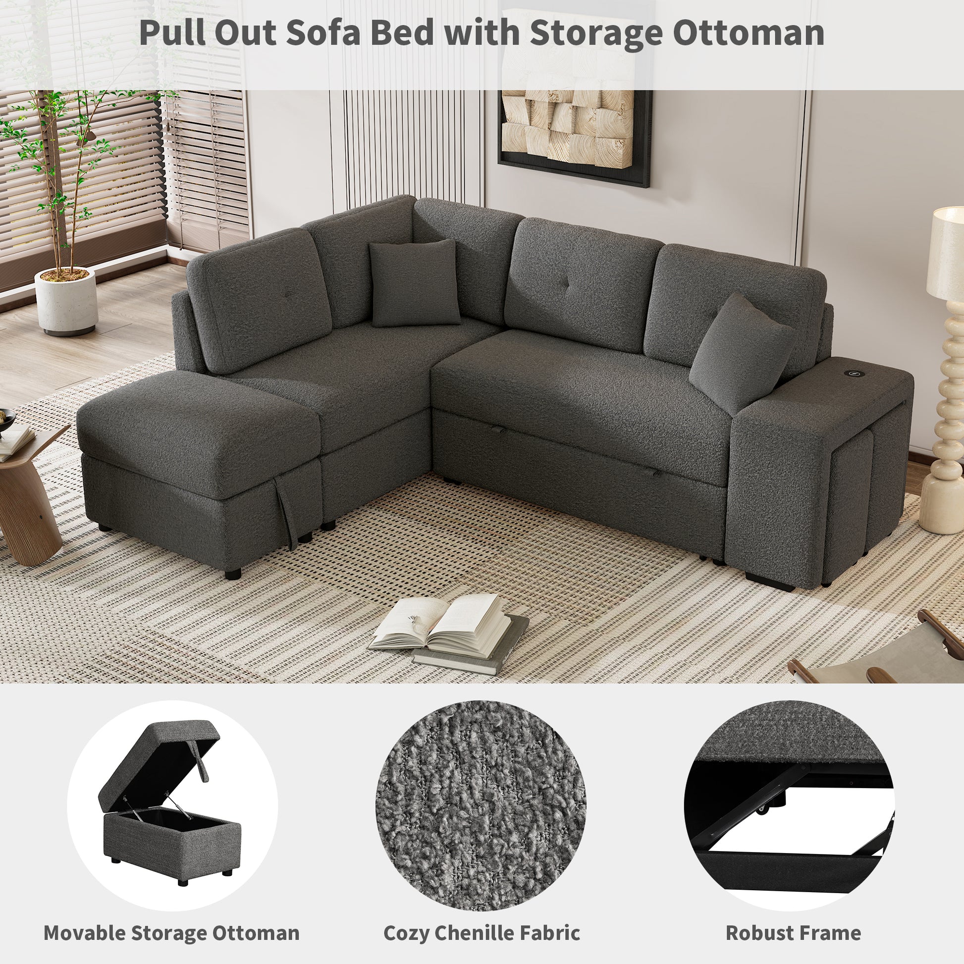 87.7" Convertible Sleeper, Sectional Pull Out Sofa Bed With Storage Ottoman, 2 Throw Pillows, 2 Stools, Wireless Charger And Two Hidden Usb Ports For Living Room, Dark Gray Dark Gray Chenille 4 Seat