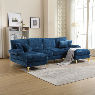 United Modern Large Chenille Fabric U Shape Sectional Sofa Blue Chenille