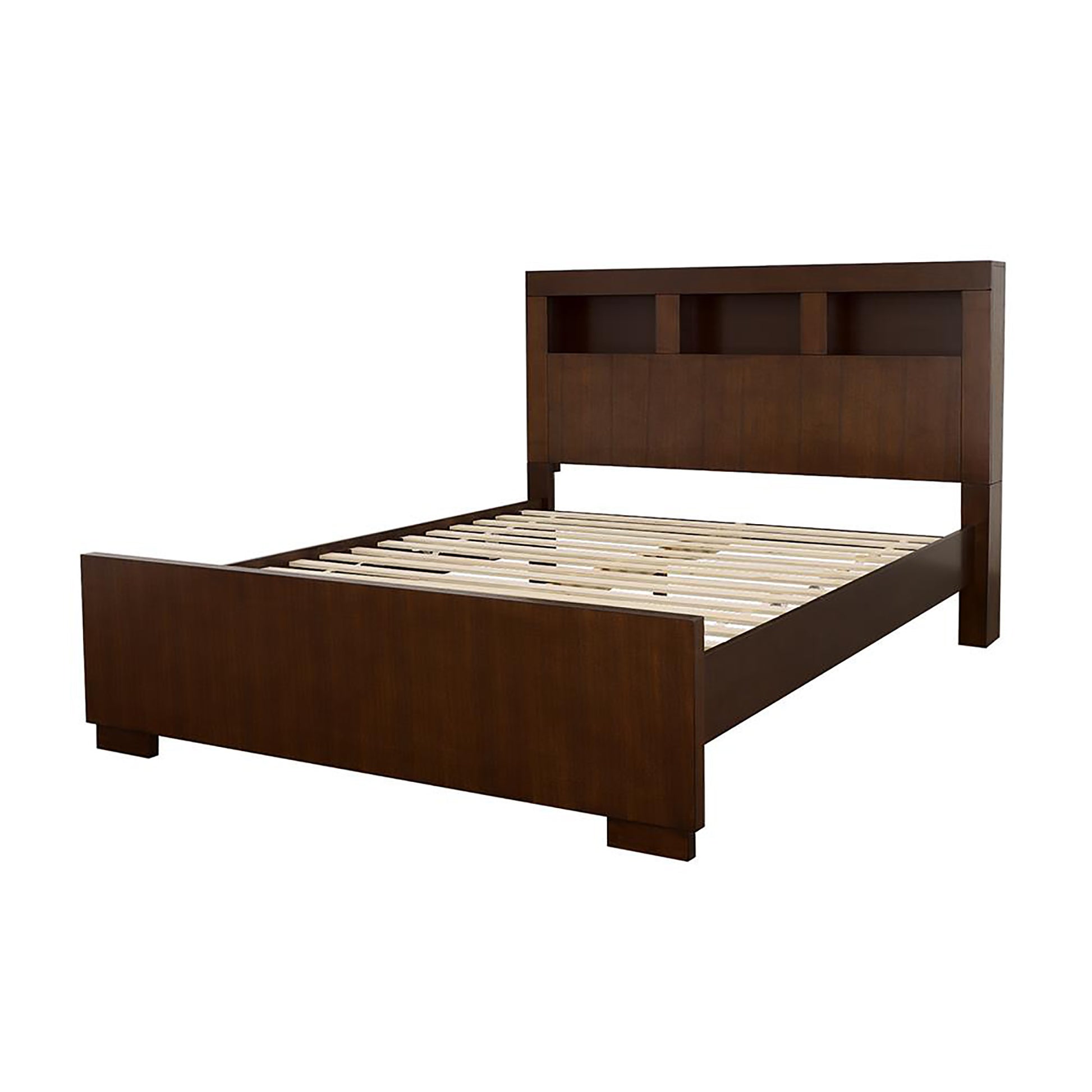 Cappuccino Queen Bed With Bookcase Headboard Box Spring Not Required Queen Brown Wood Bedroom Contemporary,Modern Rubberwood Storage Included Wood