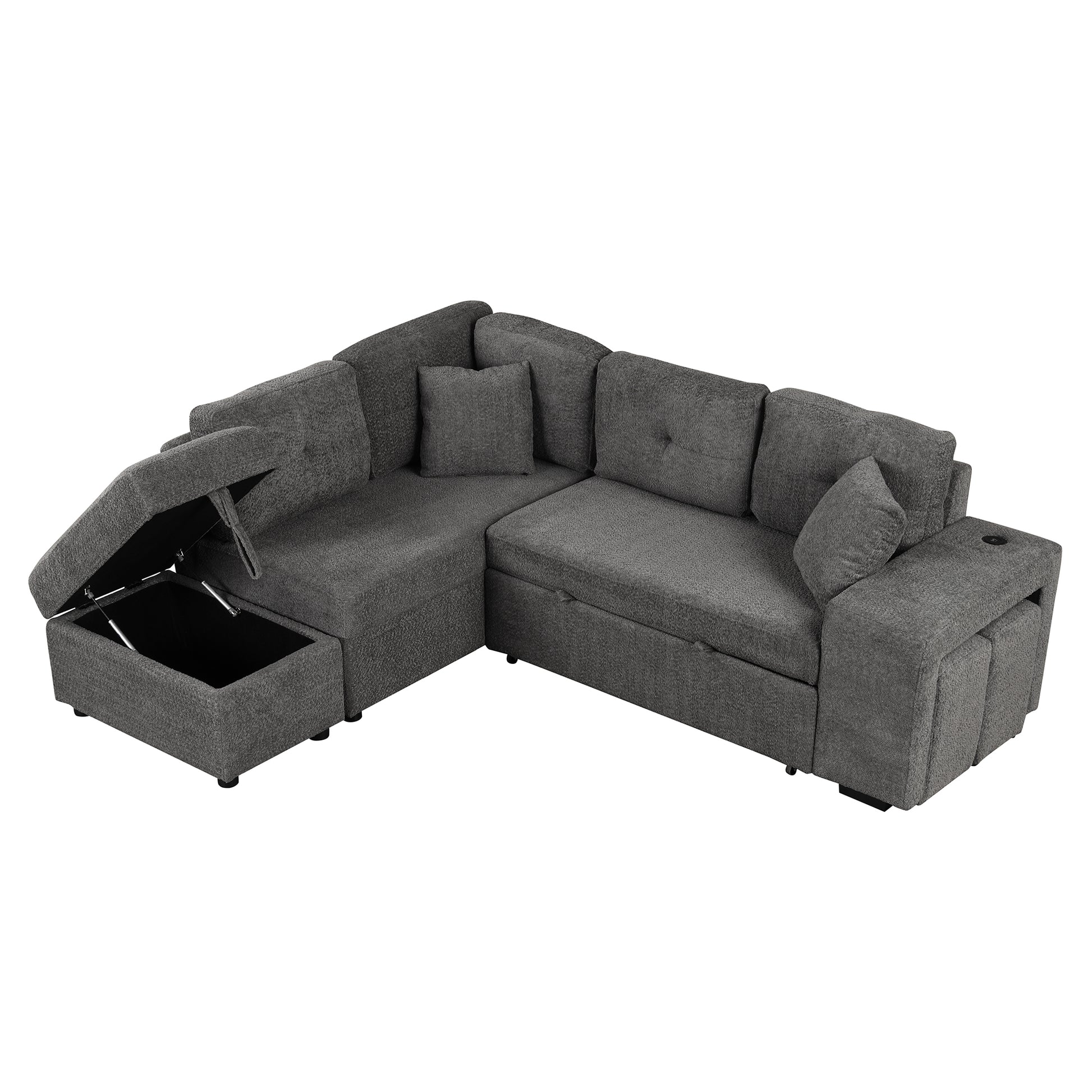 87.7" Convertible Sleeper, Sectional Pull Out Sofa Bed With Storage Ottoman, 2 Throw Pillows, 2 Stools, Wireless Charger And Two Hidden Usb Ports For Living Room, Dark Gray Dark Gray Chenille 4 Seat