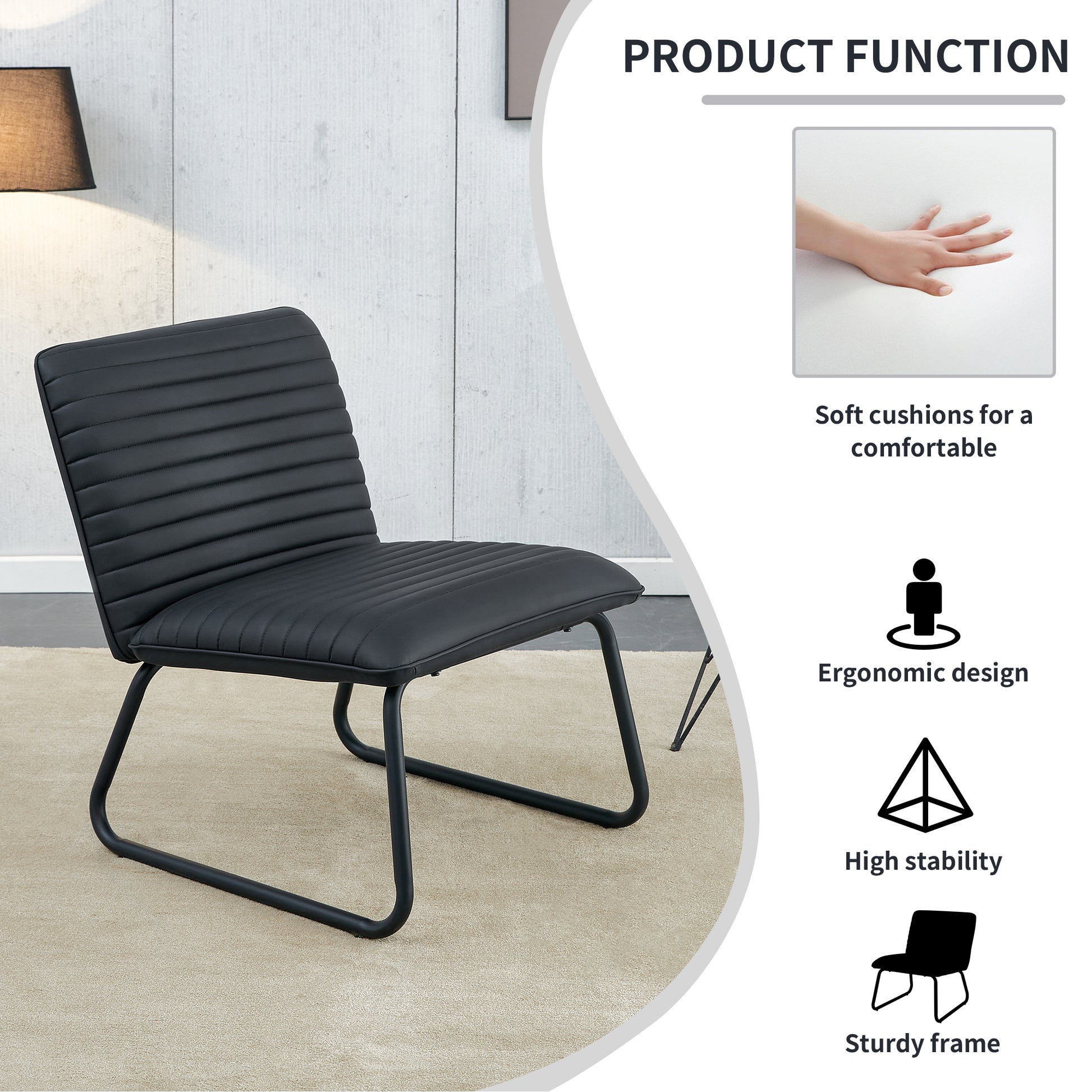 Black Minimalist Armless Sofa Chair With Pu Backrest, Paired With Black Metal Legs, Suitable For Offices, Restaurants, Kitchens, And Bedrooms Black Metal