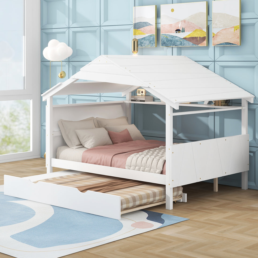 Wood Full Size House Bed With Twin Size Trundle And Storage, White Box Spring Not Required Full White Wood Bedroom Solid Wood Mdf