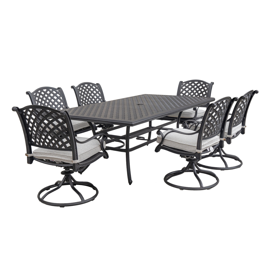 Stylish Outdoor 7 Piece Aluminum Dining Set With Cushion, Sandstorm Antique Gray Aluminium