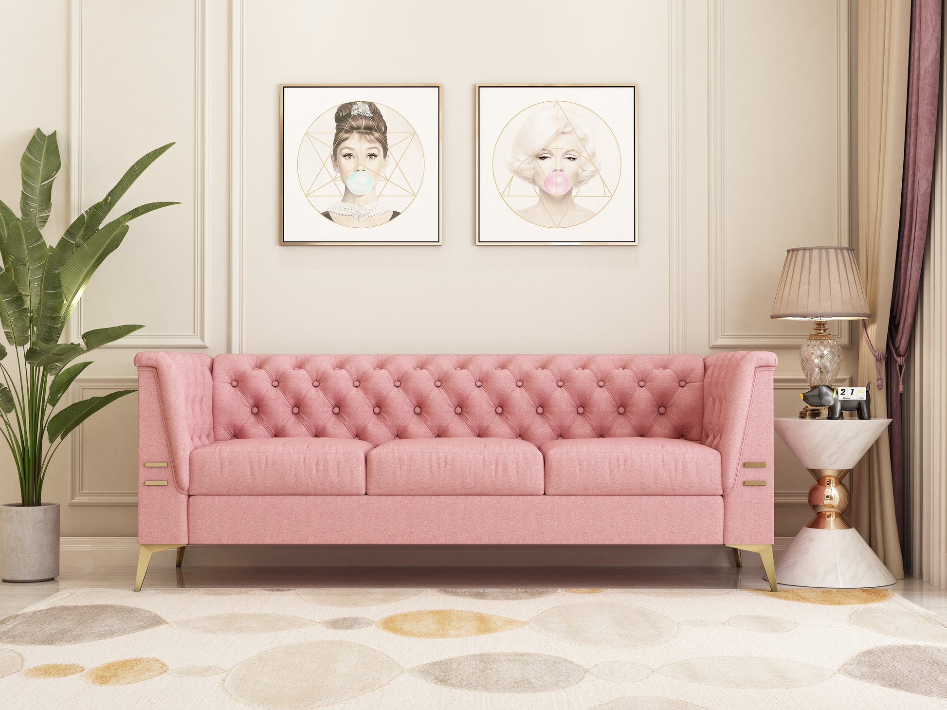 Fx P83 Pk2 Sofa Modern Velvet Living Room Chesterfield Design 82.7Inch Wide Pink 3 Seat Sofa Pink Velvet 3 Seat