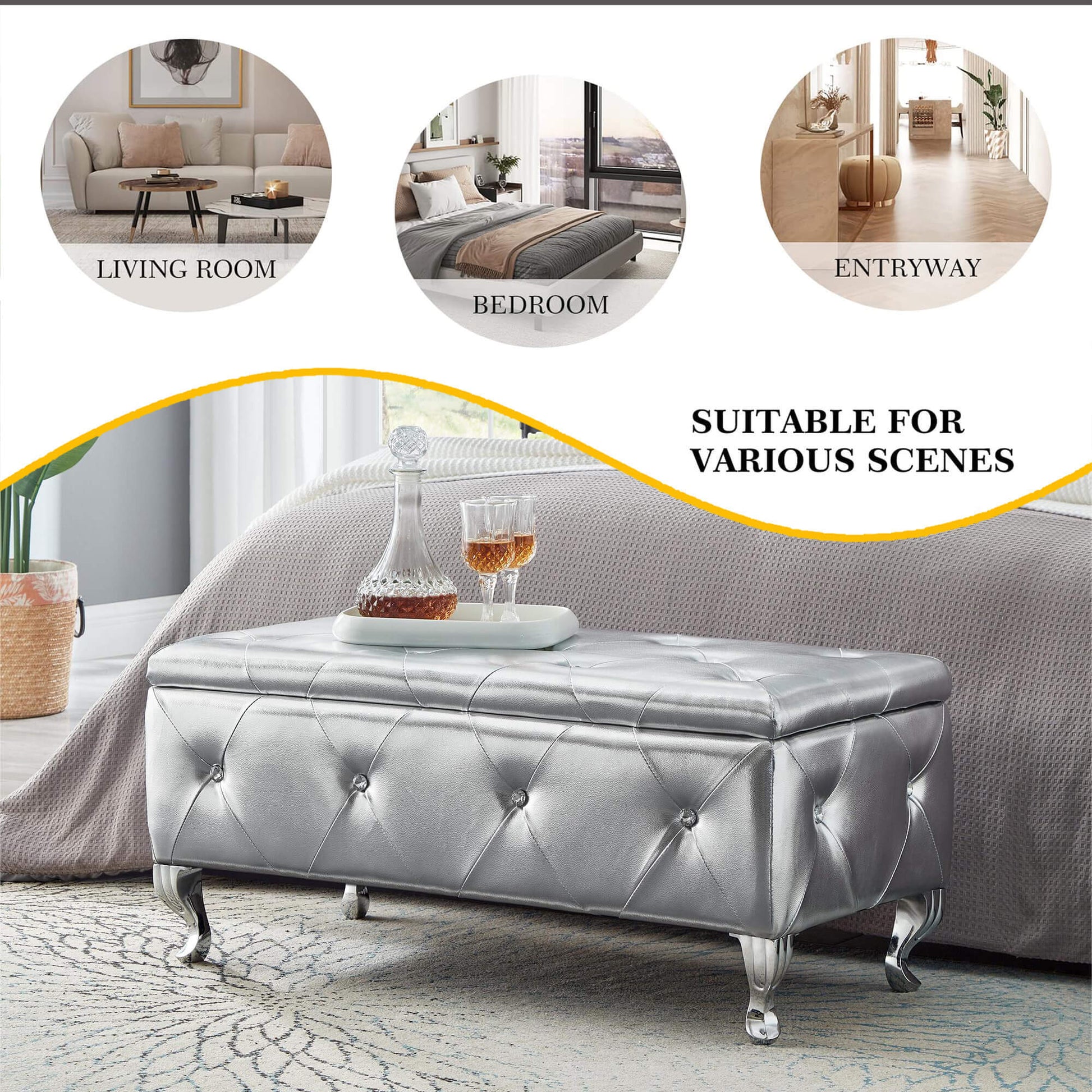 Upholstered Storage Ottoman Bench For Bedroom End Of Bed Faux Leather Rectangular Storage Benches Footrest With Crystal Buttons For Living Room Entryway Silver White Wood Bedroom Black Pattern Pine Wood With Storage Silver Faux Leather Faux Leather