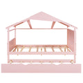 Wood Full Size House Bed With Twin Size Trundle And Storage, Pink Box Spring Not Required Full Pink Wood Bedroom Solid Wood Mdf