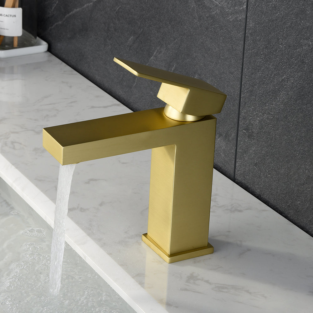 Gold Bathroom Faucet, Brushed Gold Faucet For Bathroom Sink, Gold Single Hole Bathroom Faucet Modern Single Handle Vanity Basin Faucet Bathroom Joystick Geometric One Brushed Gold Side Sprayer Deck Mounted Cartridge Valve Single Hole Faucets Gold