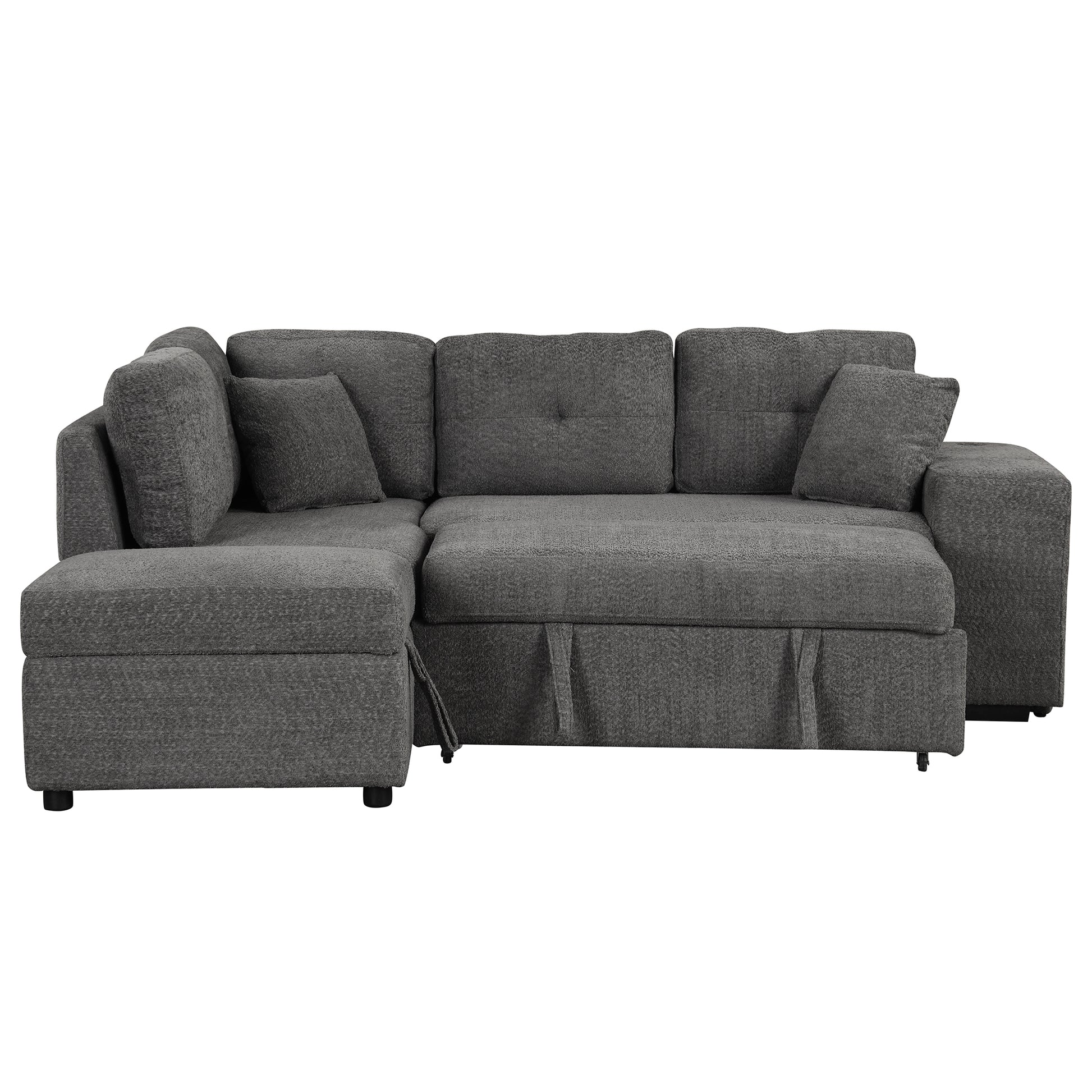 87.7" Convertible Sleeper, Sectional Pull Out Sofa Bed With Storage Ottoman, 2 Throw Pillows, 2 Stools, Wireless Charger And Two Hidden Usb Ports For Living Room, Dark Gray Dark Gray Chenille 4 Seat