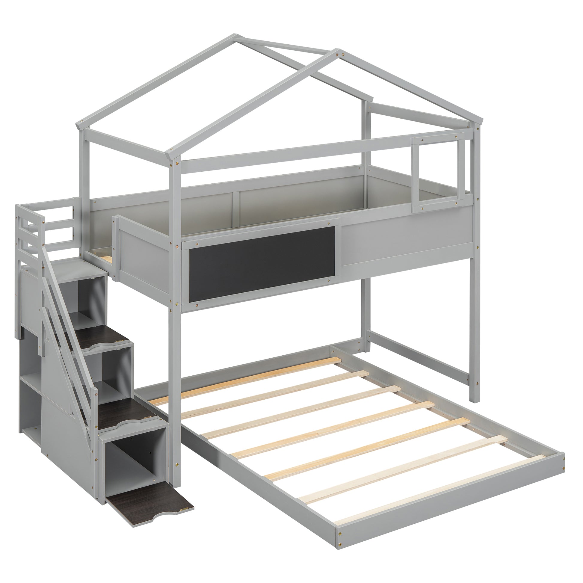 Twin Over Full House Bunk Bed With Storage Staircase And Blackboard,Gray Old Sku: Gx001701Aae Box Spring Not Required Gray Wood Bedroom Bunk Pine