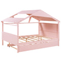 Wood Full Size House Bed With Twin Size Trundle And Storage, Pink Box Spring Not Required Full Pink Wood Bedroom Solid Wood Mdf