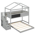 Twin Over Full House Bunk Bed With Storage Staircase And Blackboard,Gray Old Sku: Gx001701Aae Box Spring Not Required Gray Wood Bedroom Bunk Pine