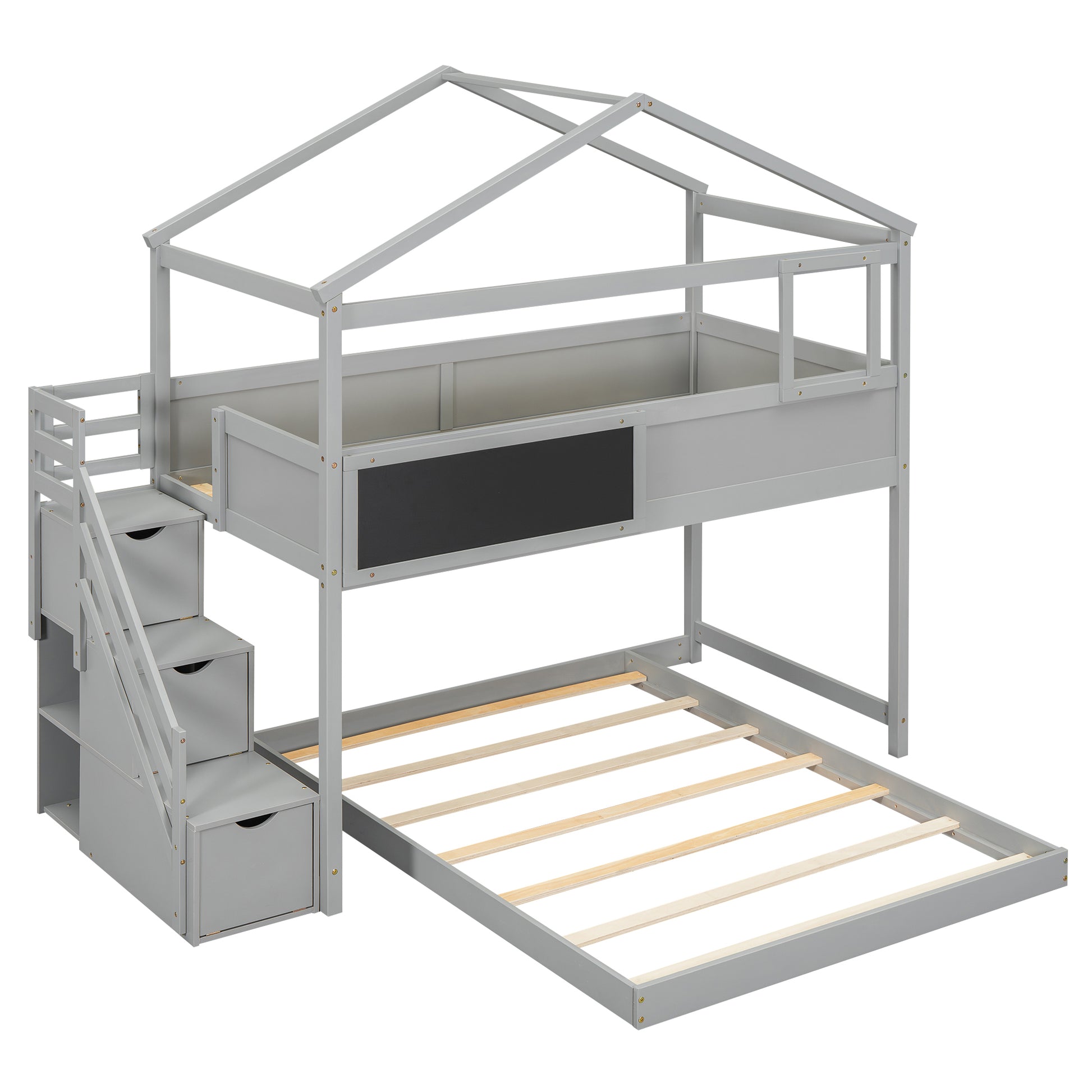 Twin Over Full House Bunk Bed With Storage Staircase And Blackboard,Gray Old Sku: Gx001701Aae Box Spring Not Required Gray Wood Bedroom Bunk Pine