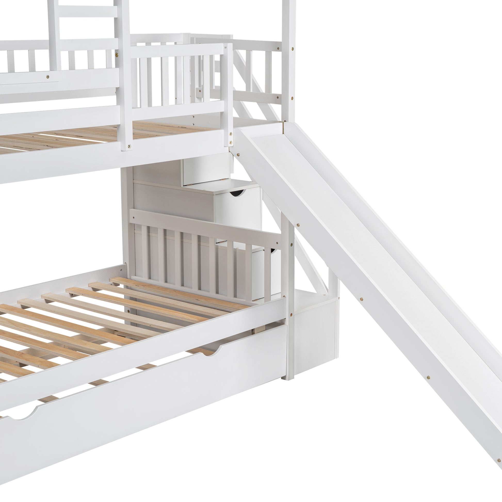 Twin Over Twin House Bunk Bed With Trundle And Slide, Storage Staircase, Roof And Window Design, White Old Sku: Gx000931Aak Box Spring Not Required Twin White Wood Bedroom Bunk Pine