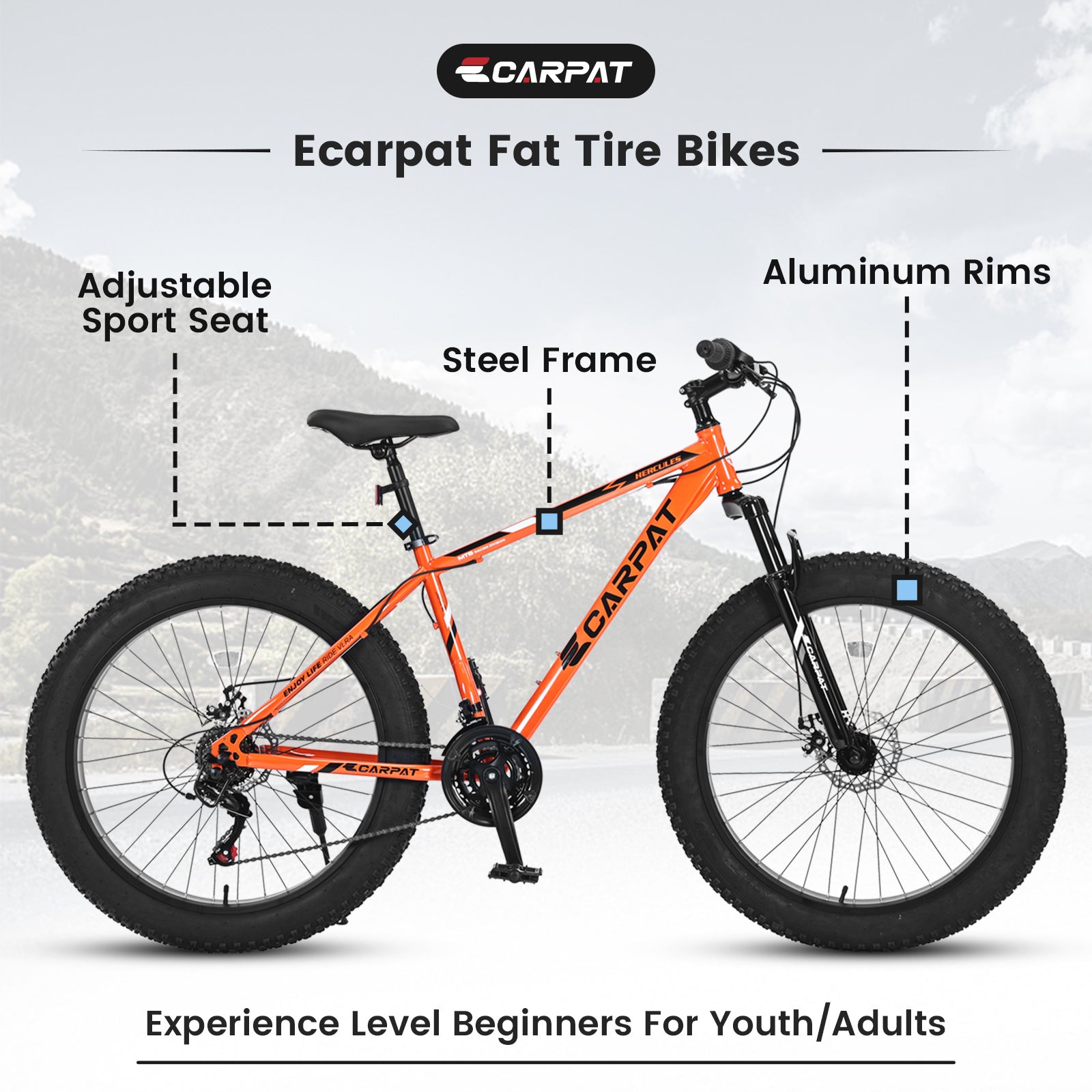 S26109 Elecony 26 Inch Fat Tire Bike Adult Youth Full Shimano 21 Speed Mountain Bike, Dual Disc Brake, High Carbon Steel Frame, Front Suspension, Mountain Trail Bike, Urban Commuter City Bicycle Orange Iron