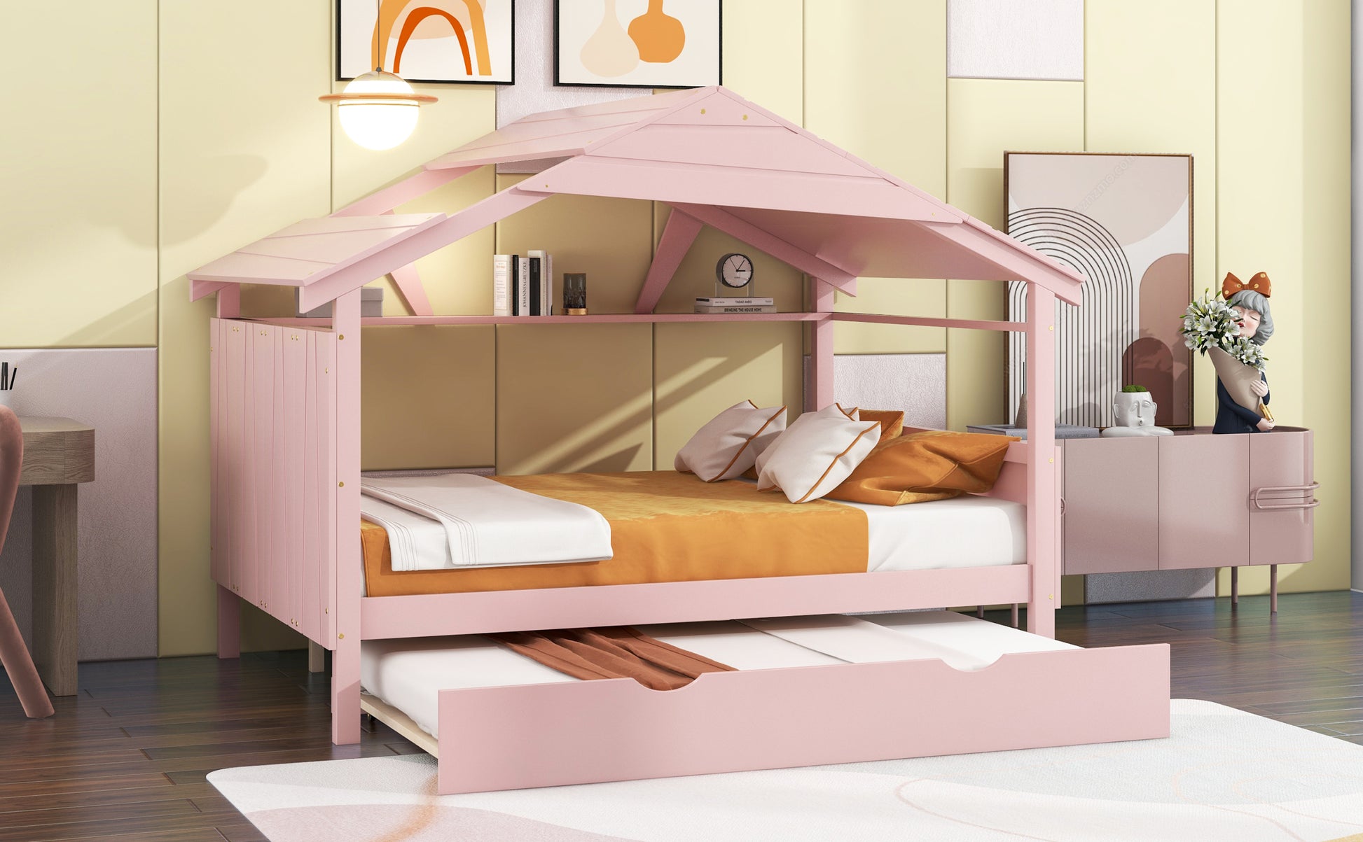 Wood Full Size House Bed With Twin Size Trundle And Storage, Pink Box Spring Not Required Full Pink Wood Bedroom Solid Wood Mdf