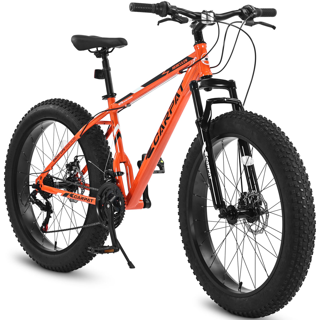 S26109 Elecony 26 Inch Fat Tire Bike Adult Youth Full Shimano 21 Speed Mountain Bike, Dual Disc Brake, High Carbon Steel Frame, Front Suspension, Mountain Trail Bike, Urban Commuter City Bicycle Orange Iron