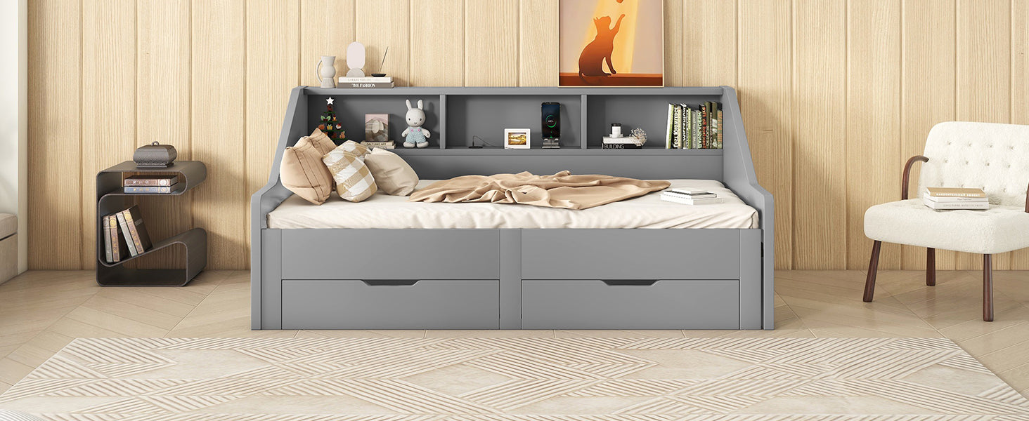 Twin To King Size Daybed Frame With Storage Bookcases And Two Drawers,Charging Design,Gray Gray Solid Wood Mdf