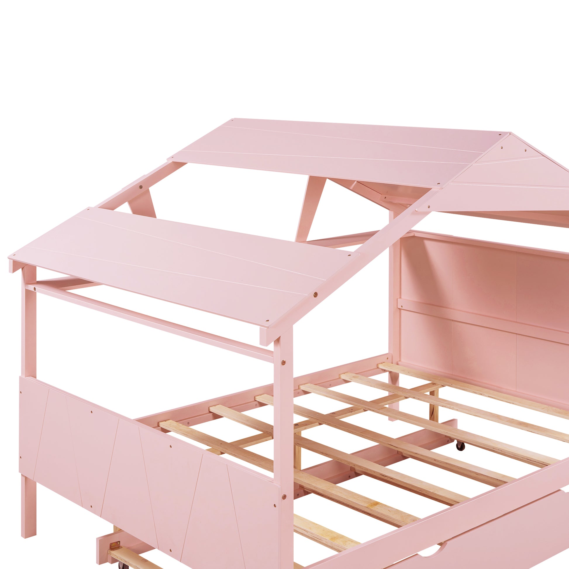 Wood Full Size House Bed With Twin Size Trundle And Storage, Pink Box Spring Not Required Full Pink Wood Bedroom Solid Wood Mdf