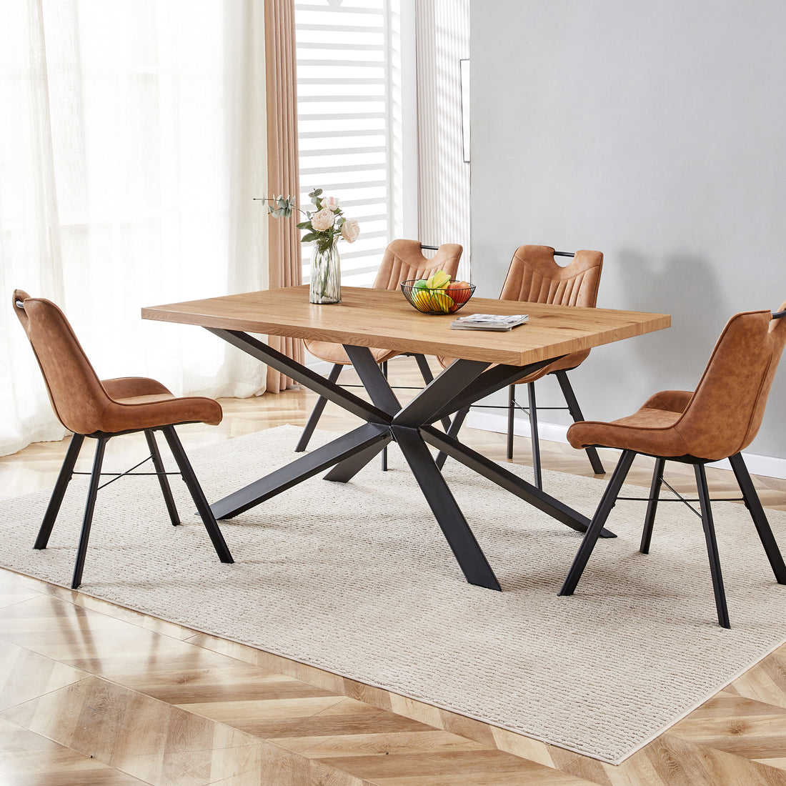 63 Inch, Rectangle Dining Table Set For 4 6 People, Oak Wood Effect, Ideal For Kitchen, Dining, Living, Meeting, Banquet Oak Dining Room Modern Rectangular Kitchen & Dining Tables Mdf Steel