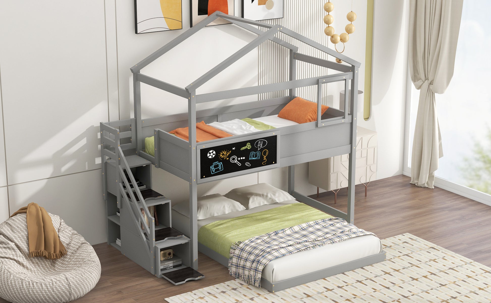 Twin Over Full House Bunk Bed With Storage Staircase And Blackboard,Gray Old Sku: Gx001701Aae Box Spring Not Required Gray Wood Bedroom Bunk Pine
