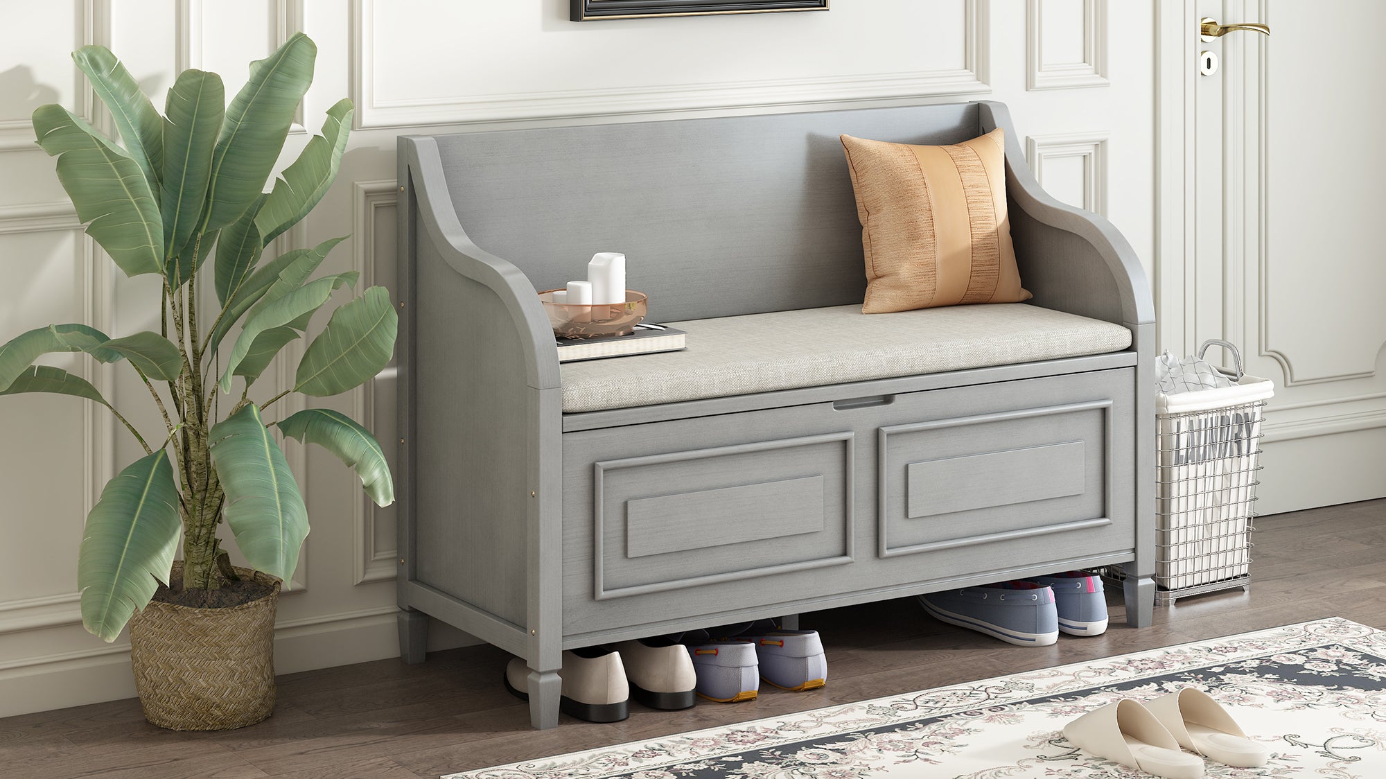 Rustic Style Solid Wood Entryway Multifunctional Storage Bench With Safety Hinge Gray Wash Beige High Back Gray Wash Primary Living Space Beige Mdf