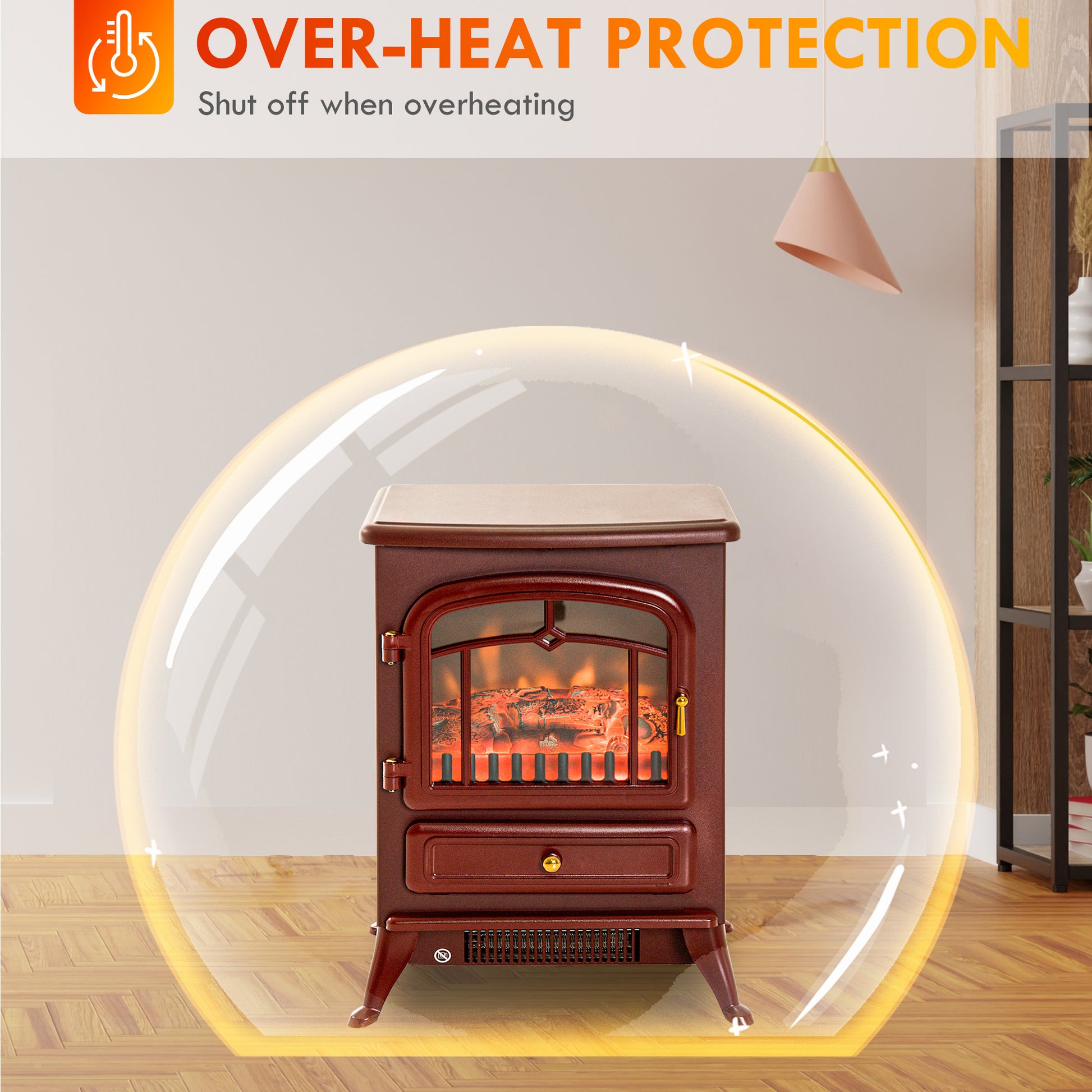 Homcom 22" Electric Fireplace Heater, Freestanding Fire Place Stove With Realistic Led Flames And Logs, And Overheating Protection, 750W 1500W, Red Red Tempered Glass
