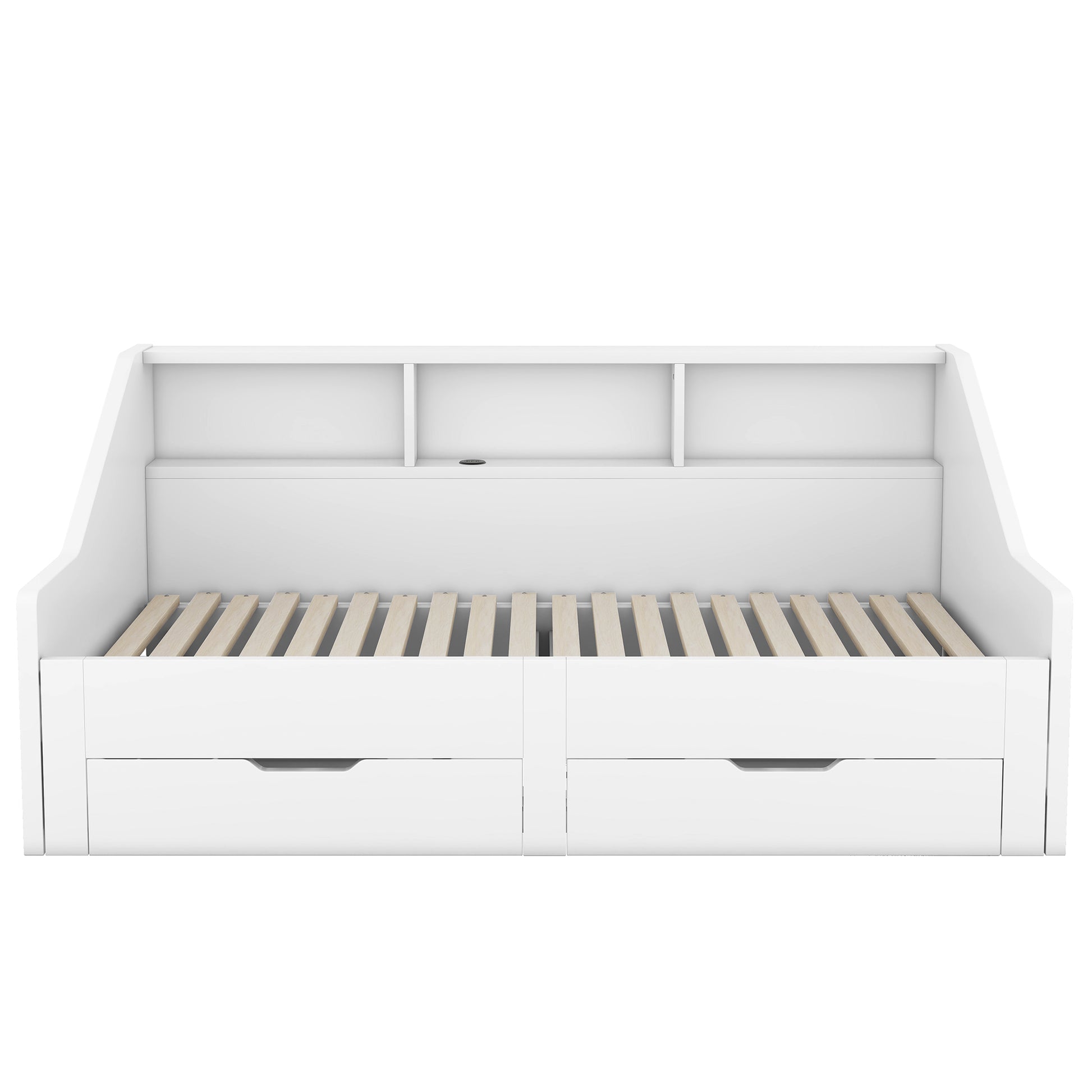 Twin To King Size Daybed Frame With Storage Bookcases And Two Drawers,Charging Design,White White Solid Wood Mdf