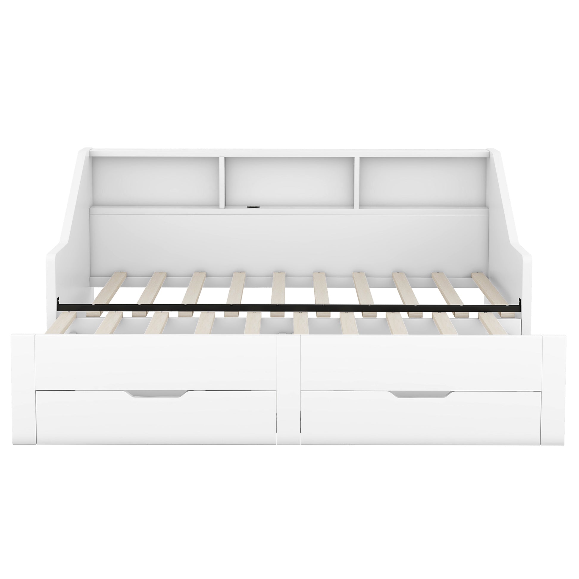 Twin To King Size Daybed Frame With Storage Bookcases And Two Drawers,Charging Design,White White Solid Wood Mdf