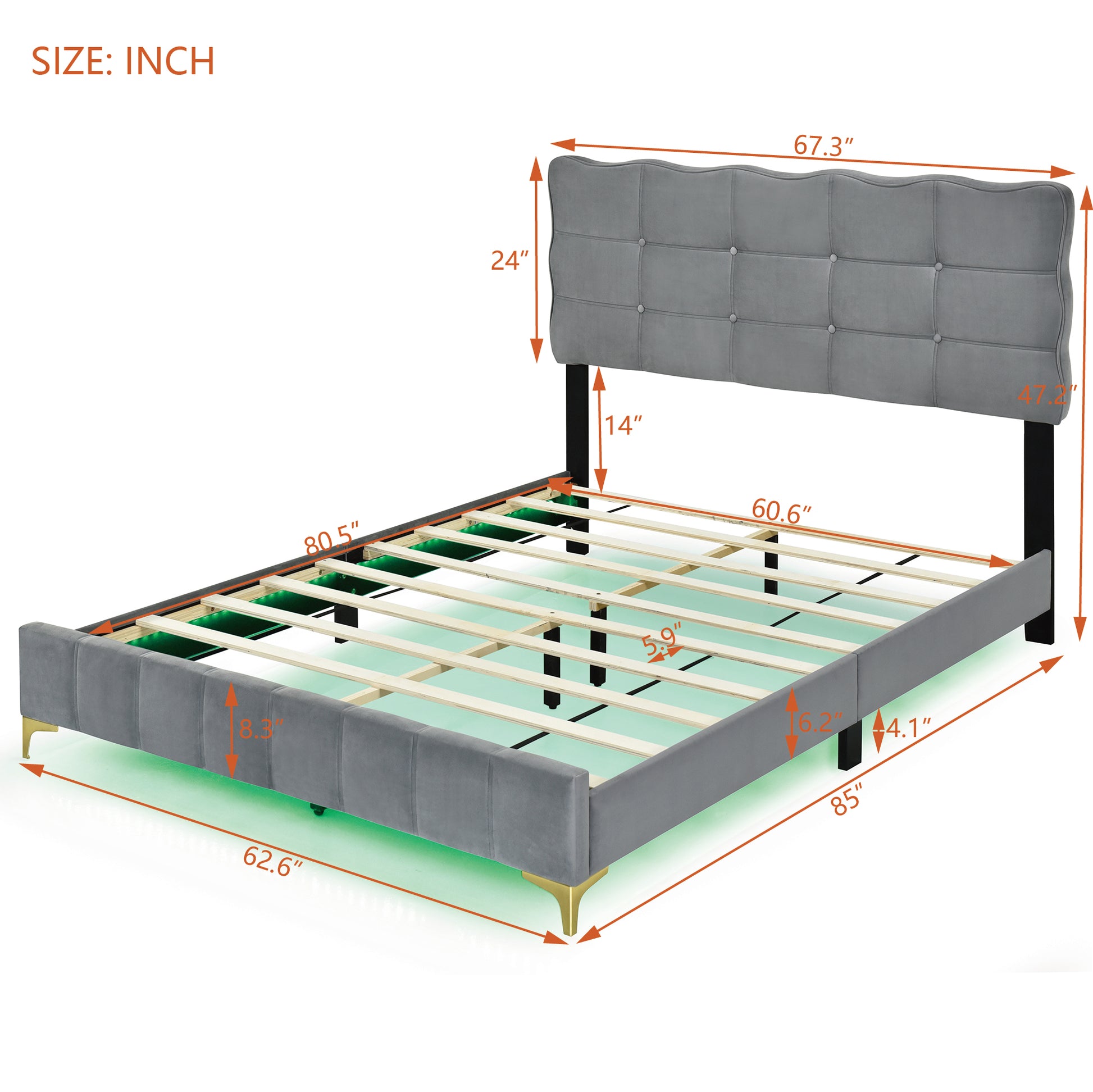 Queen Size Velvet Platform Bed With Led Frame And Stylish Mental Bed Legs, Gray Gray Velvet